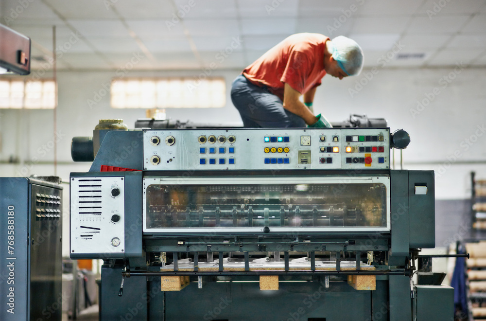 Poster printing, man and machine in factory for maintenance with repair work, fixing problem and service wi