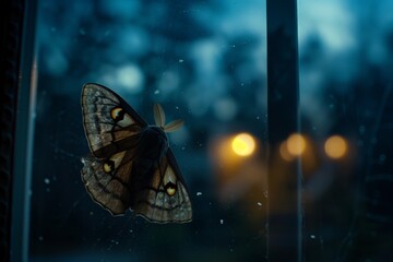 moth clinging to a window pane at night