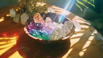 Crystals in Wooden Bowl with Rainbow Light
