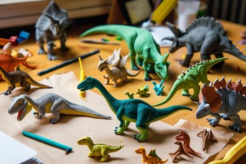 sculpting various plasticine dinosaurs on a desk - obrazy, fototapety, plakaty