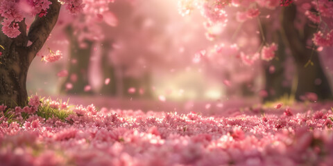 A dreamlike path surrounded by fallen cherry blossoms and trees in bloom, gently illuminated by a soft light suggesting a quiet, serene walkway in spring