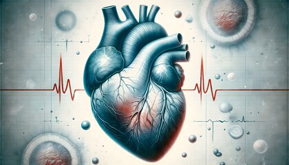  human heart with an EKG line across it, superimposed on a background with grid lines and abstract circular forms. 3d illustration. - obrazy, fototapety, plakaty