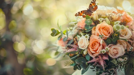 Beautiful bridal bouquet with butterfly sitting on it, copy space, bright professional photo