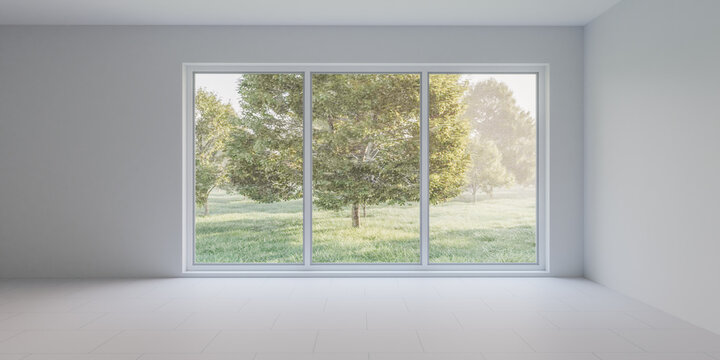 Empty room with large window overlooking field 3d render illustration
