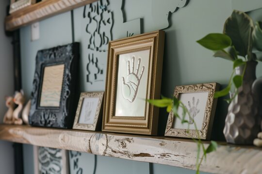 a shelf with picture frames and a newborns handprint cast