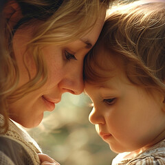A woman holding her child in her arms, gazing at each other with a look of love and tenderness, Mother Day