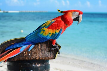 parrot with vibrant tail on a pirate hat by oceans edge