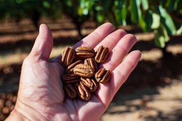 hand holding pecans with orchard in background - obrazy, fototapety, plakaty