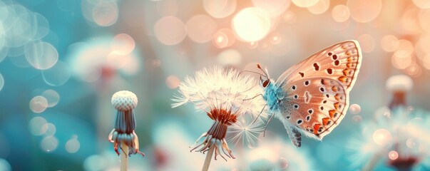 Beautiful natural pastel background with butterfly sitting on dandelion, copy space, close-up professional photo - obrazy, fototapety, plakaty