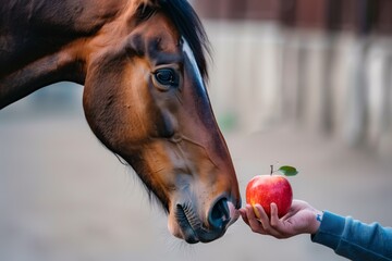 horse taking an apple from a persons hand - obrazy, fototapety, plakaty