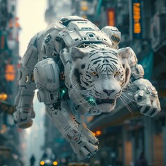 A dynamic scene of a white robotic tiger engaging in a highspeed chase with hover bikes in a futuristic city, illustrating its unmatched speed and reflexes, as it weaves through traffic and obstacles 