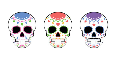 Set of 3 sugar skulls. Funny cartoon style. Vector illustration.