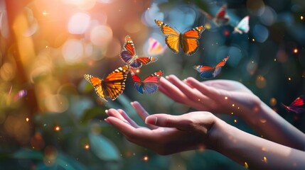 Beautiful woman hands releasing butterflies, copy space, bright professional photo