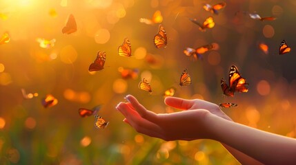 Beautiful woman hands releasing butterflies, copy space, bright professional photo