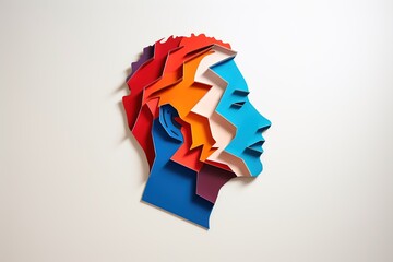 Realistic paper-cut multi-layered human head. Multicolored paper, A colorful human face cut out of paper, on an isolated background for the concept of personality or psychology. space for text