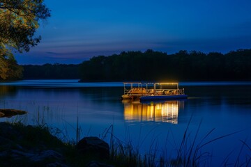 nighttime shot of litup pontoon boat floating on a tranquil lake
