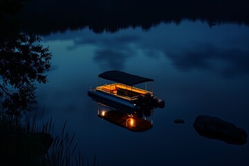 nighttime shot of litup pontoon boat floating on a tranquil lake