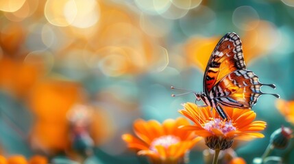 Fototapeta na wymiar Colorful butterfly sits on beautiful flower, bright blurred background, copy space, close-up professional photo 