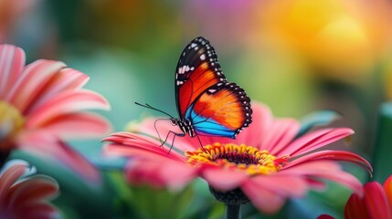 Colorful butterfly sits on beautiful flower, bright blurred background, copy space, close-up professional photo