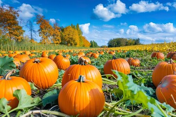 Colorful autumn landscape with pumpkins scattered across a field ready for harvest - obrazy, fototapety, plakaty