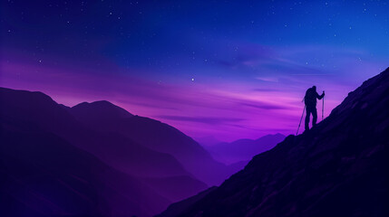 silhouette of a person standing on the edge of a mountain, gazing at the starry night sky. The backdrop is adorned with layers of mountains that gradually fade into the distance, enveloped in various 
