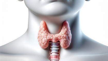 a human thyroid gland in situ, showing its textured surface and position in the neck just below the larynx. 3d illustration.