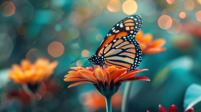 Colorful butterfly sits on beautiful flower, copy space, close-up professional photo