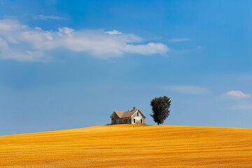 Peaceful scene of a solitary farmhouse nestled among golden fields under a vast blue sky.