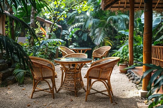 Create a tropical paradise with rattan chairs and a bamboo table on a lush, tropical island