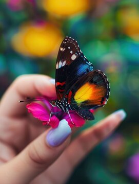 Colorful butterfly sits on woman fingers, harmony of nature, copy space, beautiful magic close-up professional photo 