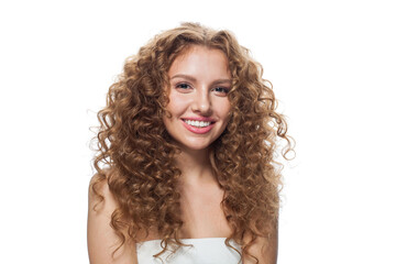 Beauty young woman with natural make-up, clear fresh skin and wavy hairstyle on white background - 768590353