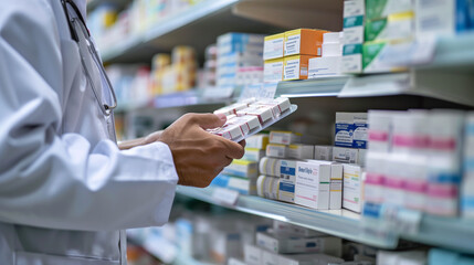 pharmacist due to the white coat and stethoscope, holding a pack of medication in front of shelves stocked with various boxes of medicines