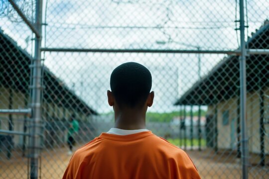 back view of inmate facing distant fence corner