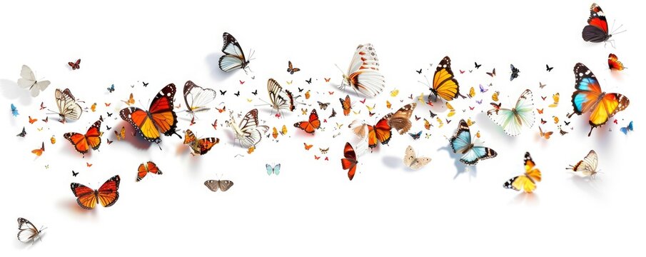 Flock of beautiful butterflies, isolated on white, professional photo