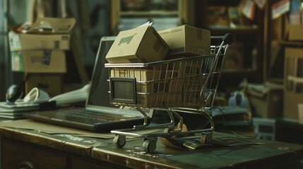 A miniature shopping cart with cardboard boxes inside, sitting on top of an office desk next to the computer screen. The scene is captured in the style of a cinematic style, emphasizing the small size - Powered by Adobe