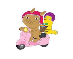 Cute cartoon style illustration of a bunny and a chick on a moped