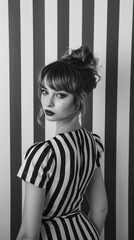 Handsome woman in striped dress on striped background, black & white fashion shoot, professional studio photo