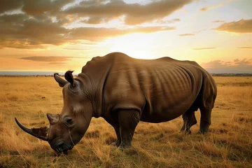 Fotobehang rhino grazing in field with sunset backdrop © studioworkstock