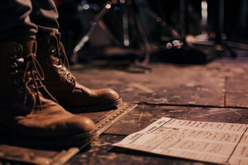 close up on setlist, stage floor, boots beside