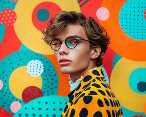 portrait of androgynous young man wearing glasses colorful clothes in style 70s, posing against a...