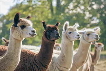 Foto auf Alu-Dibond alpacas standing in a row for feeding time at the farm © Alfazet Chronicles