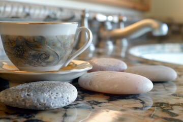 closeup of tea cup on marble bathroom surface with spa stones