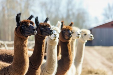 Obraz premium alpacas standing in a row for feeding time at the farm