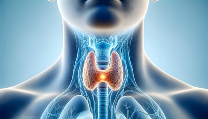 A translucent, anatomically detailed visualization of a human neck revealing the thyroid gland and trachea, with a focus on the thyroid highlighted in orange. 3d illustration.