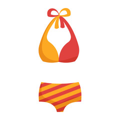 Split yellow and red swimsuit with red stripes on bikini for the beach and swimming pool. Vector illustration isolated on white background