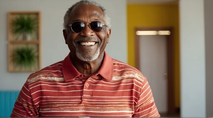 Smiling senior black man posing inside a room looking at the camera