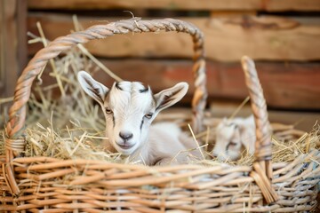 baby goat lying in a large wicker basket with hay - obrazy, fototapety, plakaty