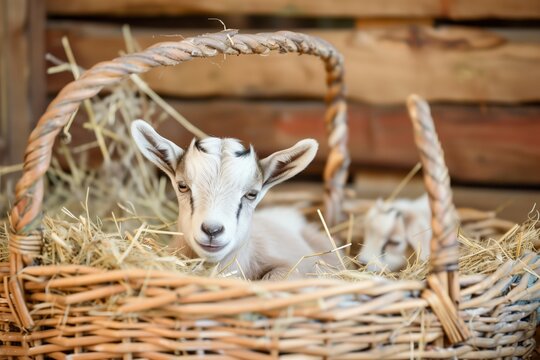 baby goat lying in a large wicker basket with hay