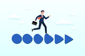 Confidence businessman business owner walk on circle transform to triangle forward arrow, business transformation change or develop into new company, improvement plan, progress or growth (Vector)