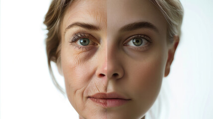 A woman with wrinkles and no wrinkles. A woman's face after plastic surgery. Photos before and after.